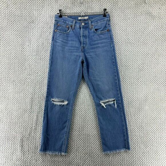 Levis Jeans Women 26 Blue Wedgie Straight Distressed Button Fly Premium Denim - Picture 1 of 16